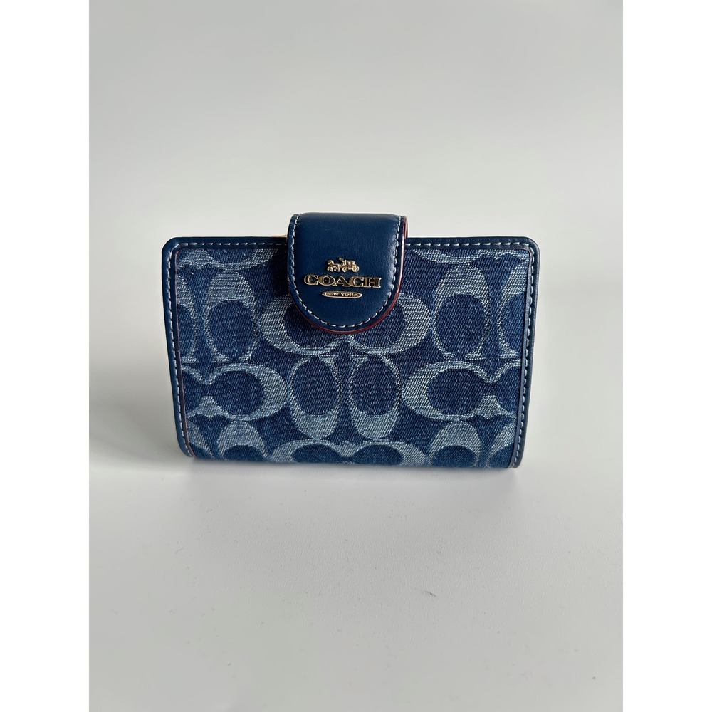 Coach‎ Medium Corner Zip Wallet Navy Blue Signature Chambray Leather Excellent